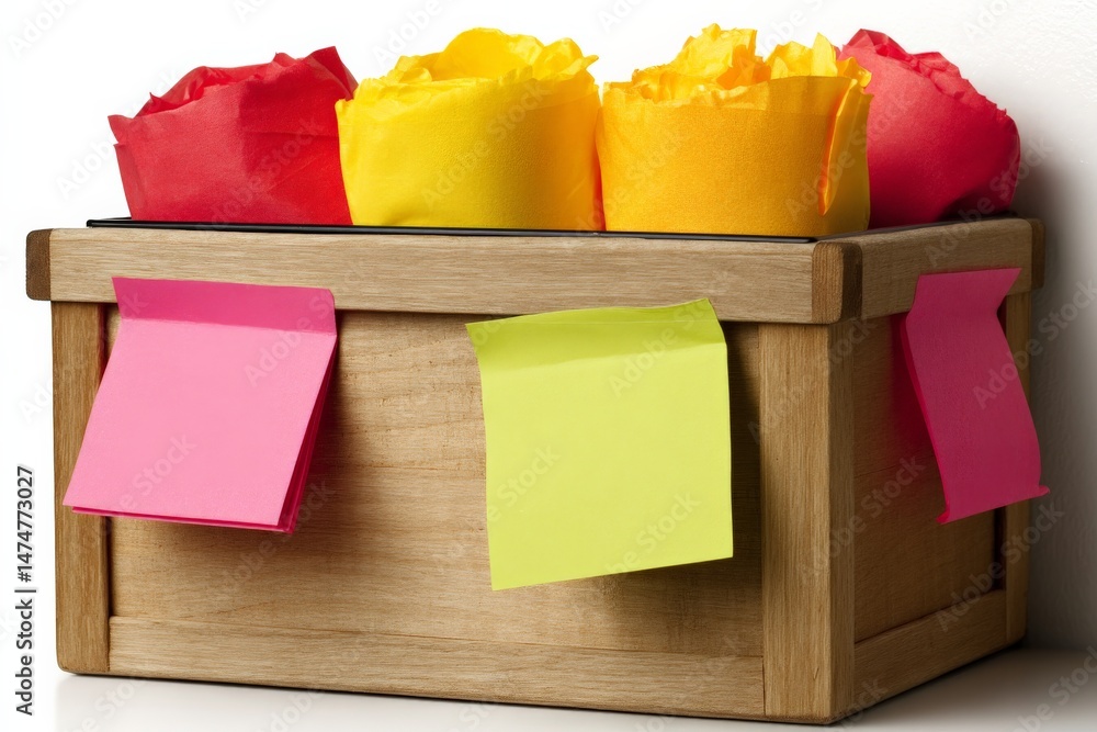 Aufkleber Colorful paper flowers in a wooden box with sticky notes on display in a bright, cheerful workspace
