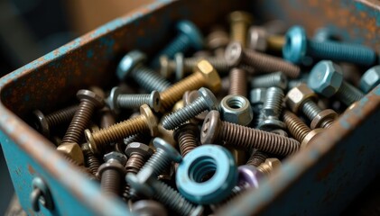 Close-up of various nuts and bolts in a metal container, representing storage and organization , building, repair, nuts