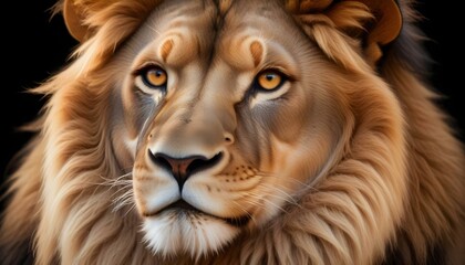 Naklejka premium An up-close portrait of a lion, showcasing its detailed fur and piercing golden eyes.