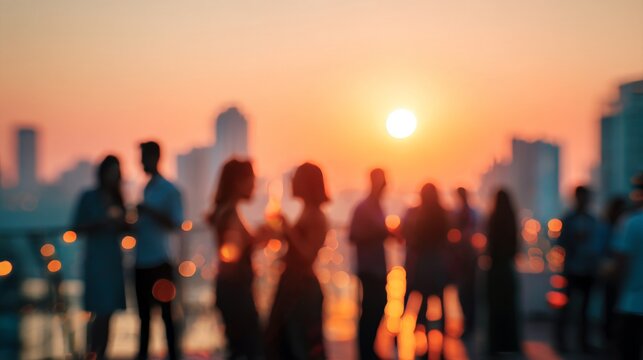 Rooftop party blur city background of blurry sunrise or happy golden hour sunset evening with heatwave
