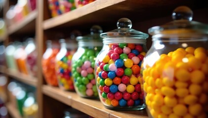 Colorful candy jars overflowing with sweets, arranged on wooden shelves , merchandise, butterscotch