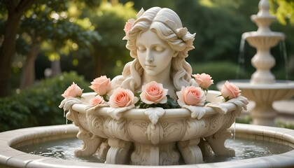 A beautiful stone fountain with a sculpture of a woman surrounded by lovely pink roses.