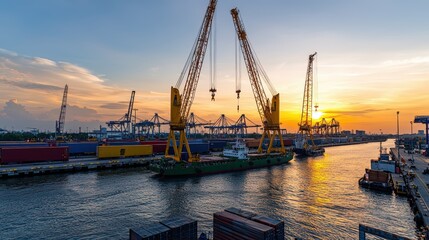 Fototapeta premium A panoramic view of the bustling dock area at sunset, where silhouettes of cranes and containers create an artistic contrast against the warm hues of the sky. The scene captures the essence of