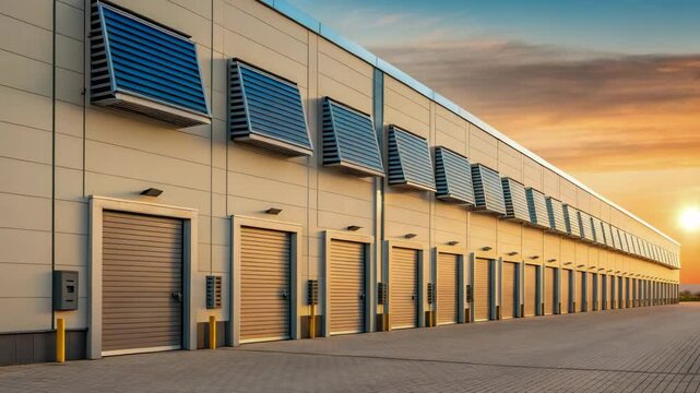 Modern Warehouse Building at Sunset A Stunning Architectural Design Featuring Multiple Roll-Up Doors and Ventilation Systems Ideal for Logistics and Industrial Businesses