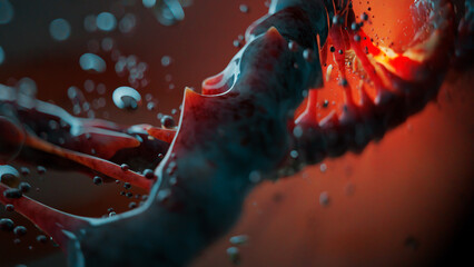 A vibrant 3D DNA spiral with molecular motion, depicting the formation of genetic code and evolution of living organisms. Close-up