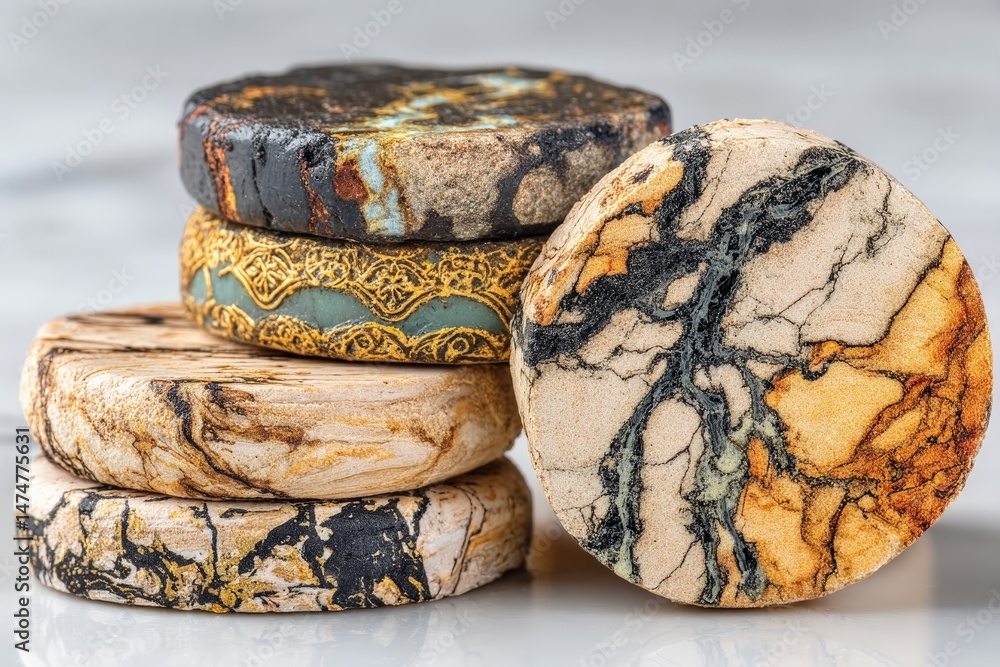 Poster unique collection of handcrafted stone coasters displayed on a glossy surface in natural light