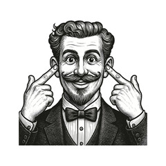 Vintage Ink Illustration of a Man with Mustache Pointing to His Smile, drawn in an engraved, woodcut style with fine details sketch engraving vector illustration. Scratch board imitation. 