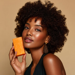 beautiful black woman with radiant skin holds orange soap bar, her voluminous curly hair against warm background. Her confident adds charm to image