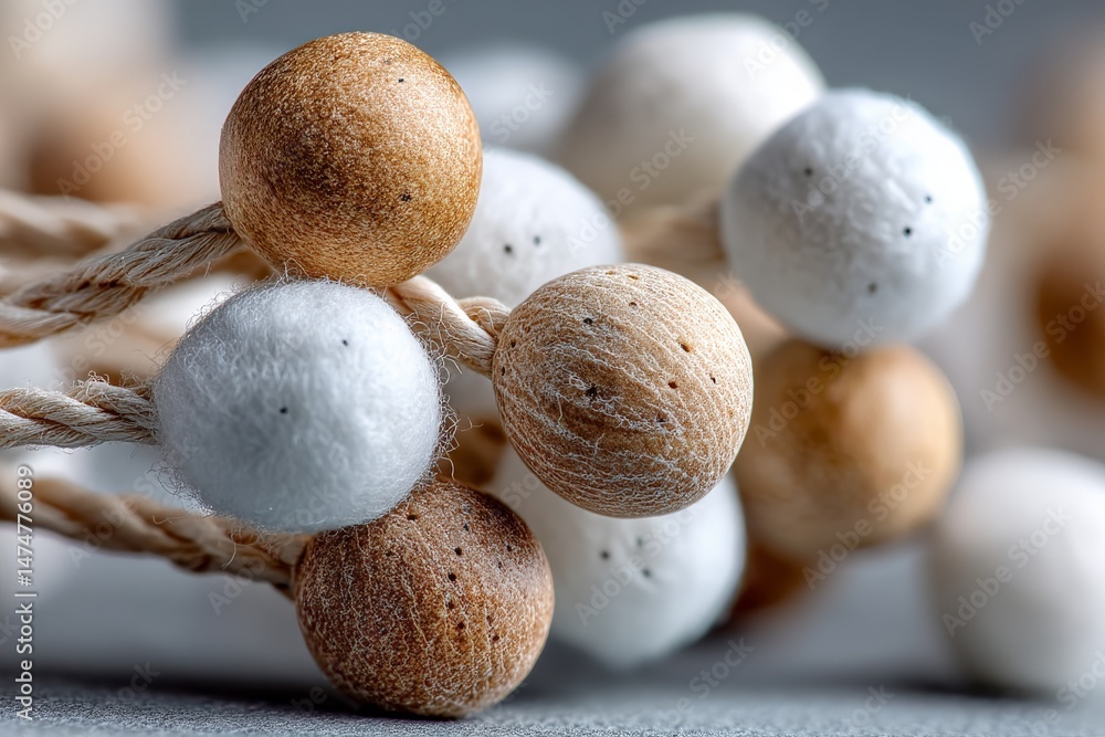 Poster crafted decorative beads in neutral tones arranged on a soft background to highlight their texture a