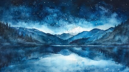 Fototapeta premium Serene night landscape reflecting mountains and starry sky over a tranquil lake in the wilderness