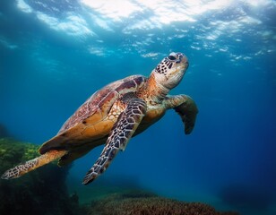 Obraz premium turtle swimming in the sea sea turtle in the deep ocean
