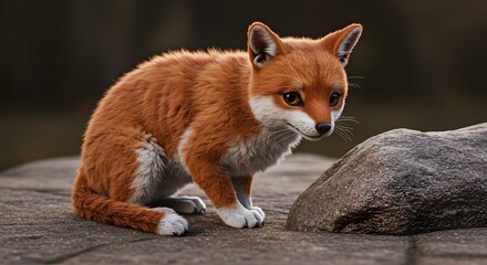 Fox Cub Sitting Near a Rock Cautiously Looking Around