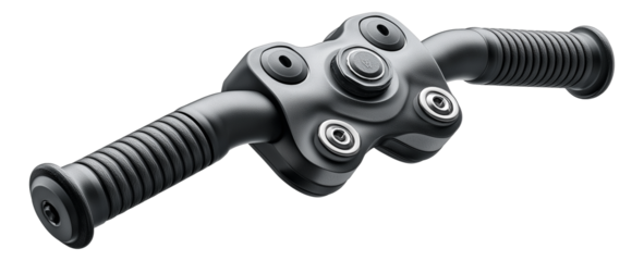 Black ergonomic handlebar with rubber grips and metallic accents designed for mechanical assemblies on transparent background.