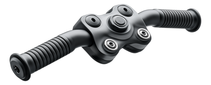 Black ergonomic handlebar with rubber grips and metallic accents designed for mechanical assemblies on transparent background.