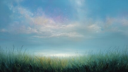 Soft painterly style, showing a vertical layered scene. At the bottom is a lush green layer of grass, illustrated with delicate strokes and light texture