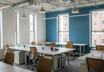 Bright open office space with desks chairs and natural light from windows
