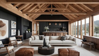 Fototapeta premium Modern Mountain Home Interior Design: Luxurious Living Space with Exposed Wooden Beams and Panoramic Views