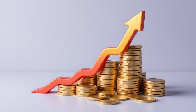 a three dimensional model of gold coins with stacks of paper money in front, accompanied by a graph showing an upward trend with r