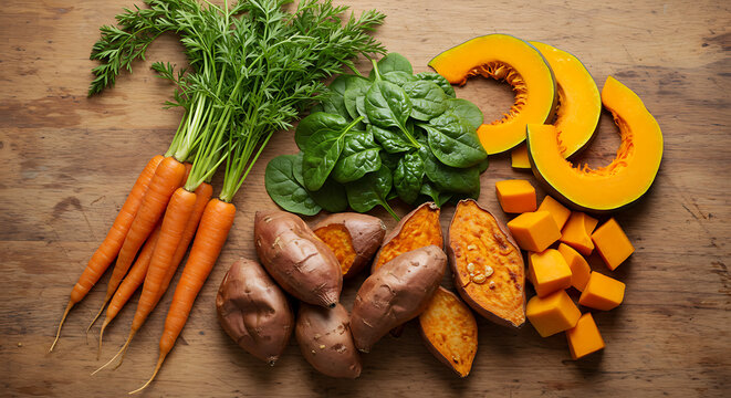 Vista superior de alimentos ricos em vitamina A dispostos em mesa r&uacute;stica de madeira: cenouras com folhas, batata-doce assada, espinafre fresco e ab&oacute;bora fatiada.