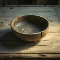 Fototapeta premium A worn antique wooden bowl adorned with sc