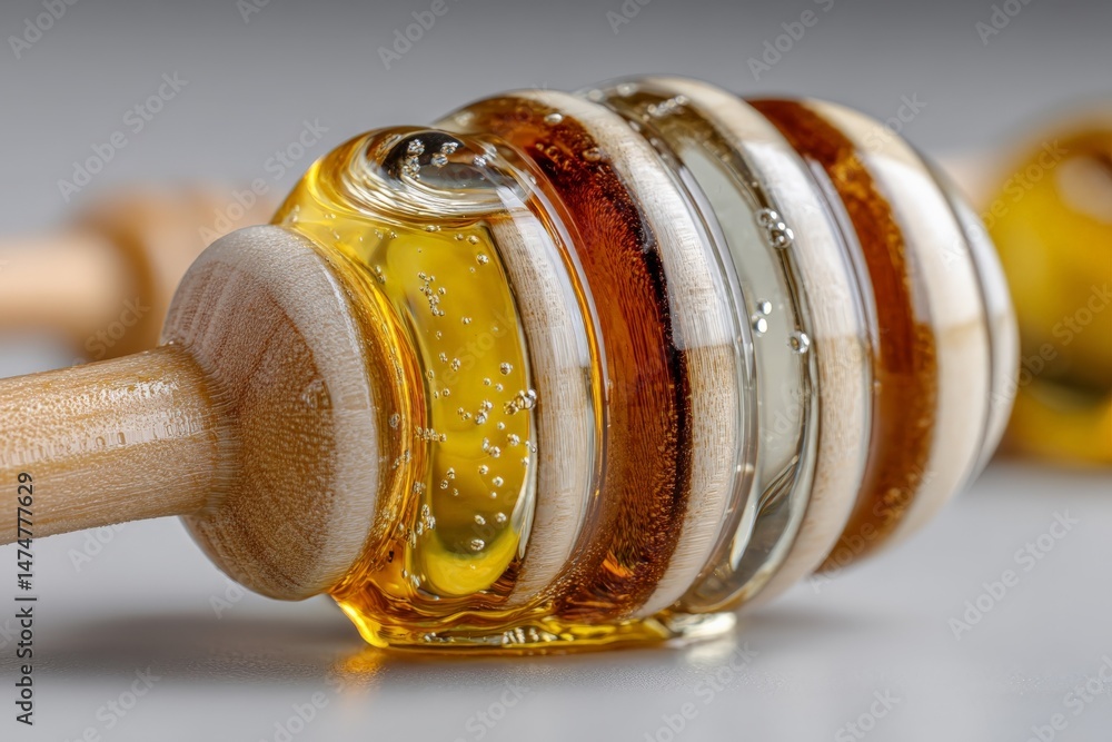 Poster different types of honey arranged on a wooden honey dipper showcasing their unique textures and colo