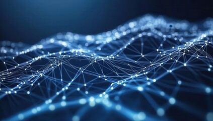 Abstract network of glowing points and lines, creating a wave-like pattern.  A complex, digital,  and futuristic design, suggesting data flow or interconnected systems