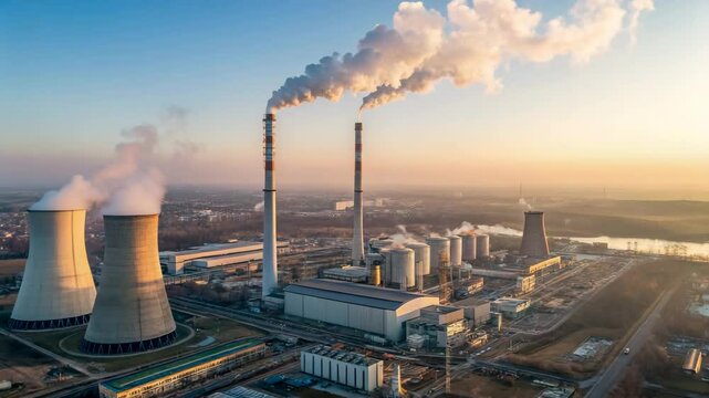 Aerial view of a large industrial power plant at sunset emitting smoke from tall chimneys and cooling towers showcasing energy production and environmental impact.
