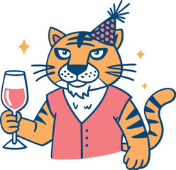 Cartoon tiger celebrating in party hat holding wine glass with festive cheer