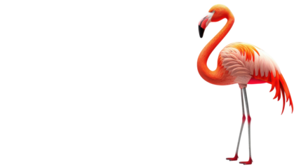 Vibrant flamingo standing on one leg with bright orange and pink feathers isolated on white