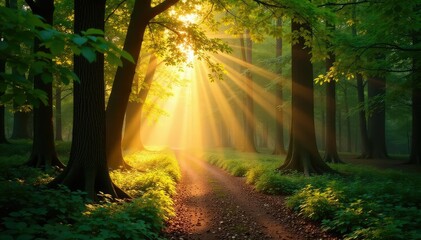 Obraz premium Golden hour sunlight streams through leaves, illuminating a forest path , woodland, botanical