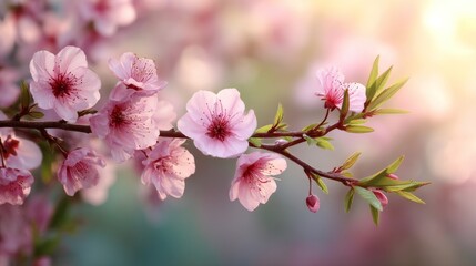 Spring border or background art with pink blossom. Beautiful nature scene with blooming tree and sunny