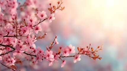 Spring border or background art with pink blossom. Beautiful nature scene with blooming tree and sunny