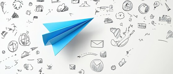 A blue paper airplane taking flight amidst a flurry of business ideas