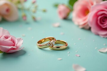 Happy couple's wedding rings on a floral background, symbolizing marital bliss , precious metals, delicate, forever