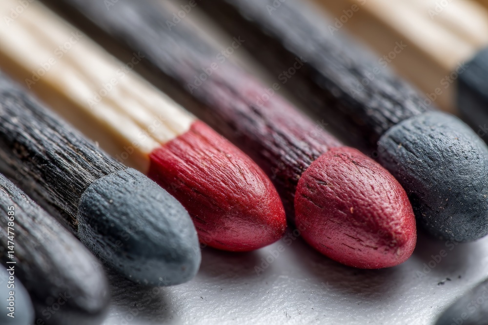 Poster Colorful matchsticks arranged in a row with red tips and blackened ends creating an interesting visual pattern