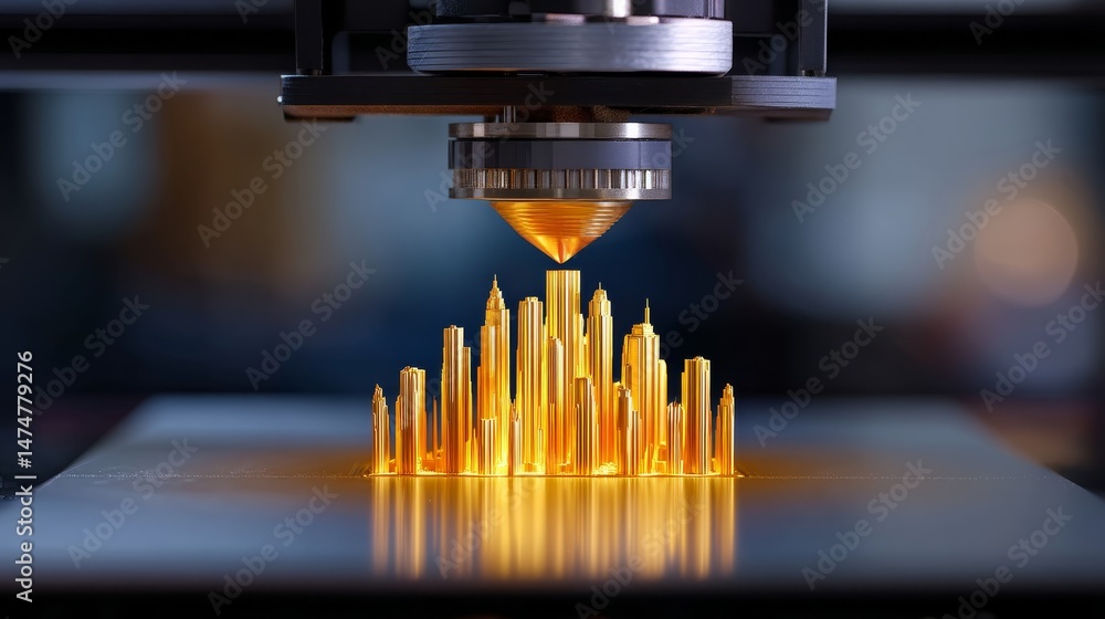Poster 3d printer nozzle emitting golden filament to create miniature architecture in modern workspace