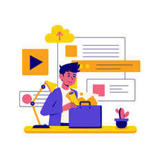 The flat animation represents a content manager overseeing digital content strategy and workflow. The scene features a professional managing various media elements, including text, images, and videos,