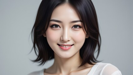 Fototapeta premium Smiling Asian Woman Portrait: Fresh, Natural Beauty with Short Black Hair on Neutral Background