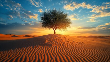 Lone tree on a sand dune at sunset, with a blue and orange sky