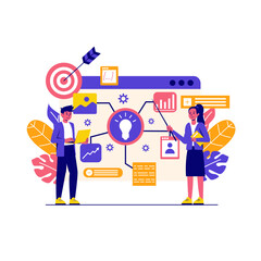 digital strategy, featuring two professionals analyzing and planning digital solutions. The background includes interconnected elements such as graphs, target icons, gears, and documents, symbolizing 