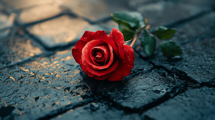 Rose plant emerging through an urban pavement crack.