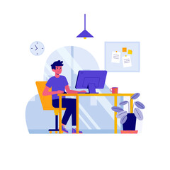 a man sitting at his desk, working on a computer while sipping a cup of coffee. He maintains focus on the screen, representing productivity, concentration, and a balanced work routine. The setting inc