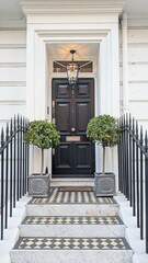 Classic Georgian Victorian black wooden door with checkerboard tiles, potted plants and fence. London