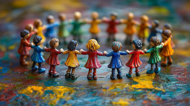 Colorful figurines of children holding hands create a joyful circle on a vibrant painted surface