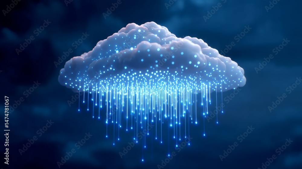 Poster digital representation of glowing blue particles forming a cascading data cloud in a night atmospher
