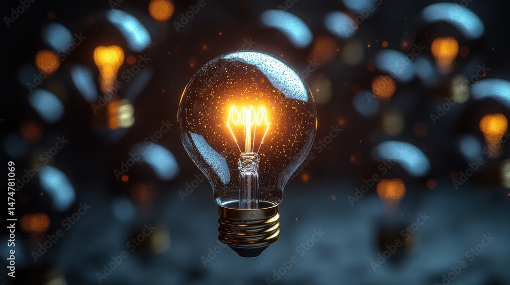 Poster creative spark - one bright bulb with visible filament glow among dark bulbs, empty space for text o