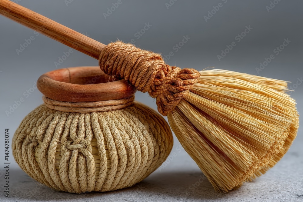 Poster handcrafted broom and container made from natural materials displayed on a neutral background
