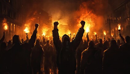 A night of protest,  flames illuminating a crowd of protestors, hands raised in defiance