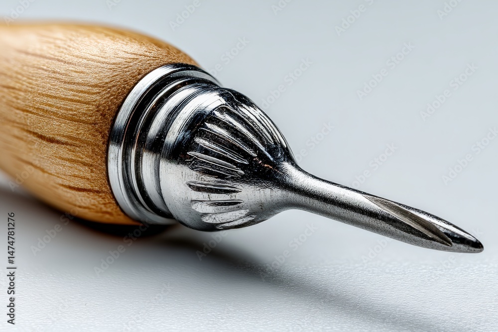Poster detailed view of a precision metal tip on a wooden handle tool used for crafting and detailed work