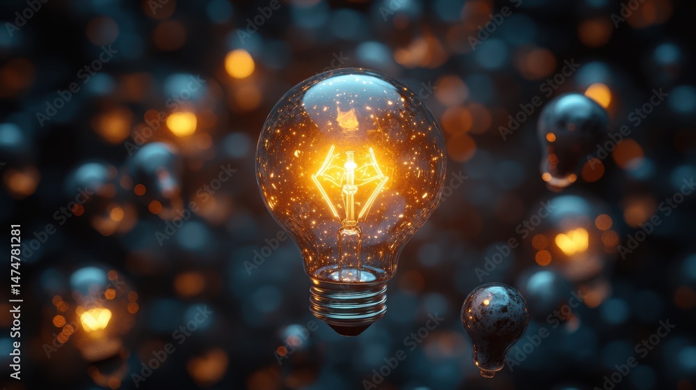 Poster idea generation - single glowing bulb surrounded by dead bulbs floating in space, photorealistic 3d 